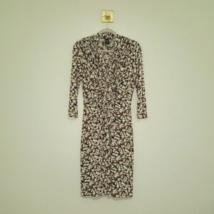 Y2k Retro Bodycon Midi Dress Medium Brown Tan Cowl Neck 3/4 Sleeve Office Career